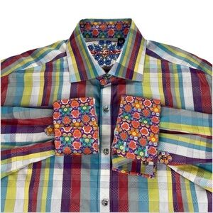 Robert Graham Shirt Mens XL Floral Orange Gingham Multicolored Flip Cuff Button